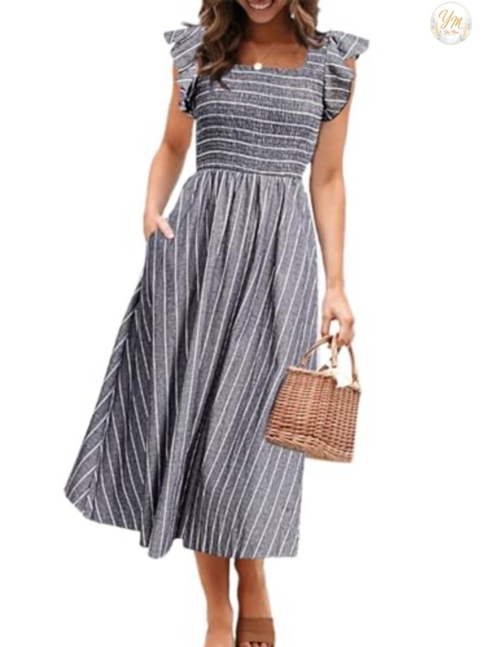 Smocked Midi Dress Flutter Sleeve Boho A-Line Cotton Linen Pockets